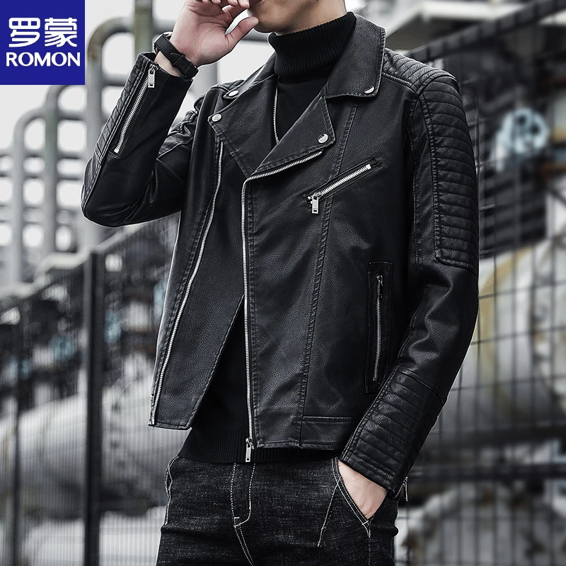 Romon/罗蒙高端PU皮衣男士外套春秋潮流机车皮夹克帅气韩版百搭男