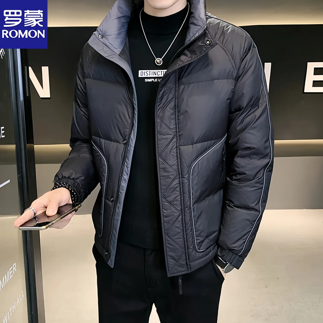 Romon/罗蒙男士潮流休闲帅气轻薄立领短款潮牌冬装加厚防寒服外套