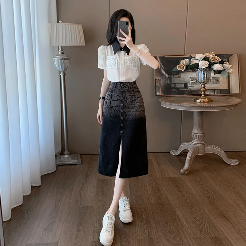 时尚套装两件套气质女神范秋季长袖衬衫渐变牛仔裙开叉洋气减龄