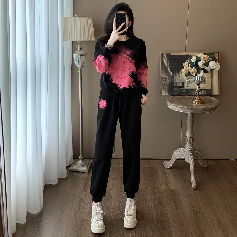 运动服套装女春秋洋气印花渐变圆领卫衣卫裤宽松时尚休闲两件套