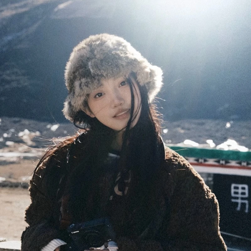 韩版显脸小兔毛渔夫帽子女网红毛绒帽子大头围秋冬季保暖防寒盆帽