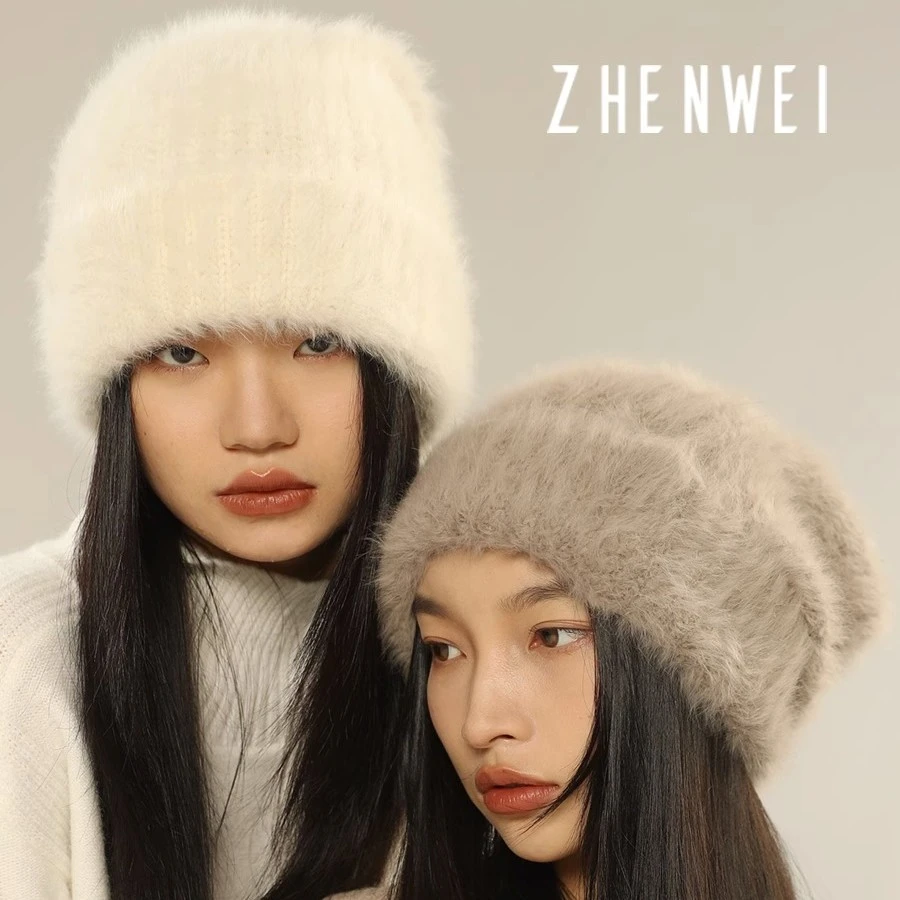 显脸小兔毛毛线帽女秋冬白色大头围针织帽子巨大毛线帽毛绒冷帽男