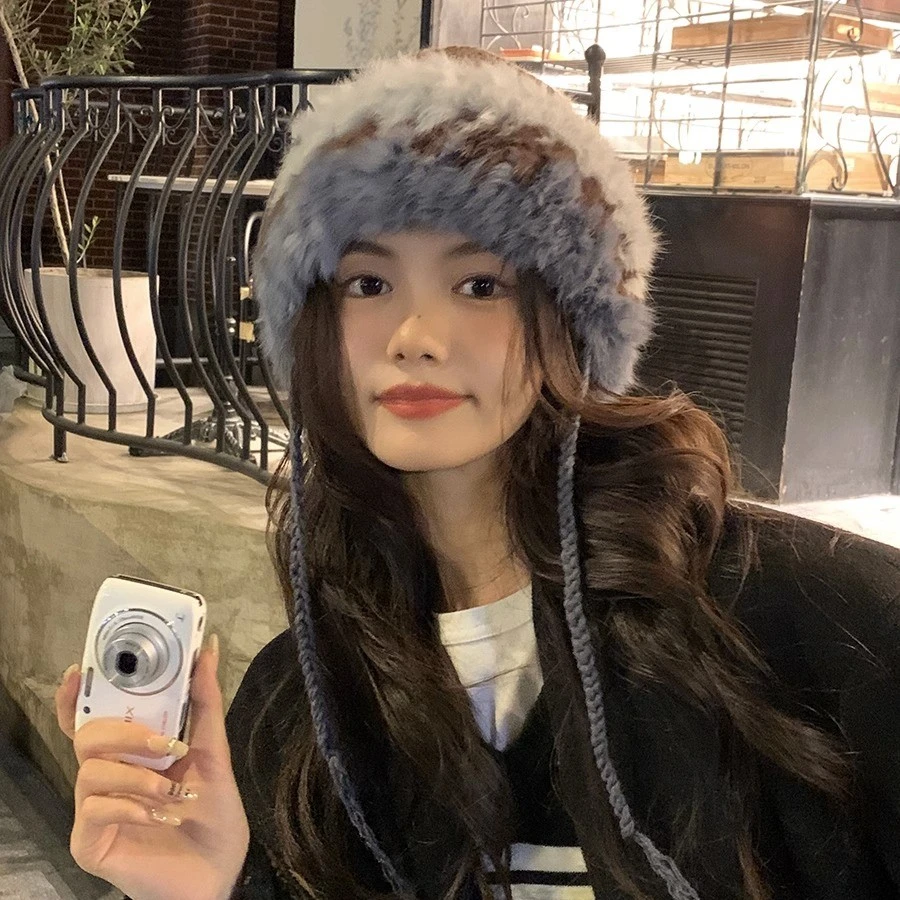 2023新款兔毛针织帽女秋冬拼接保暖毛线帽防寒套头毛绒护耳包头帽