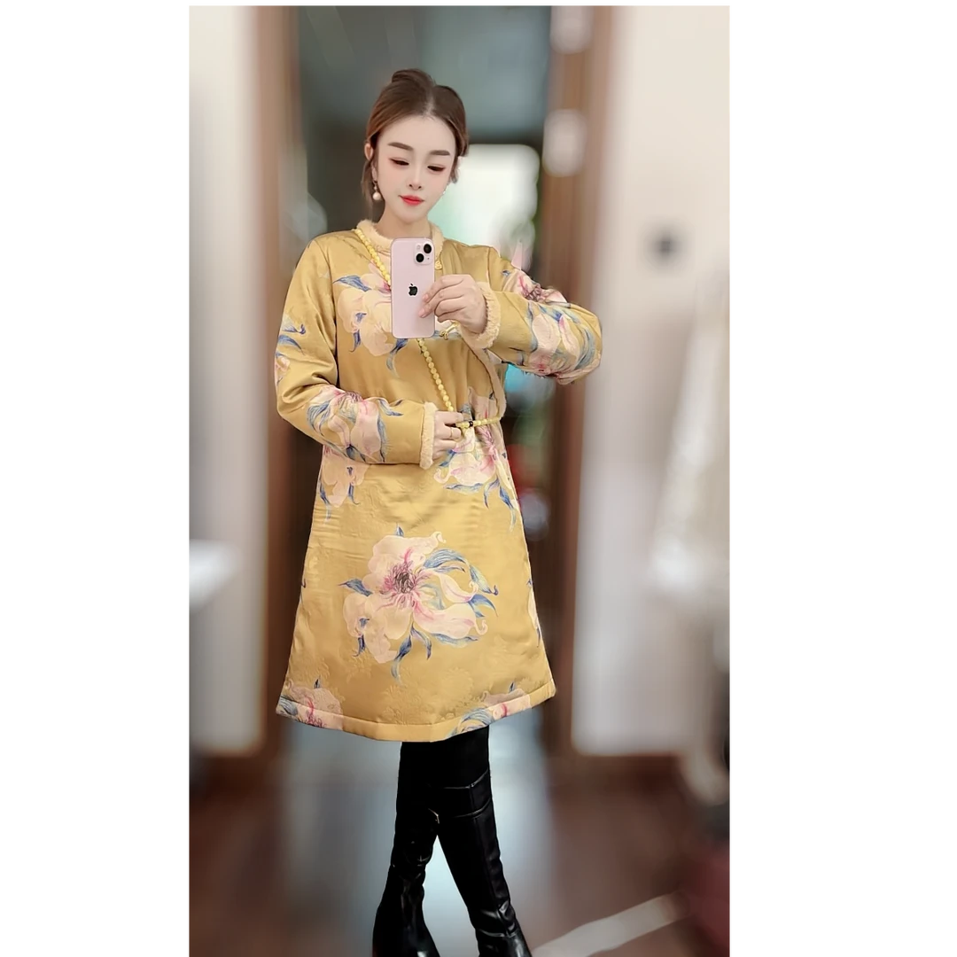 [百合花]2024冬新中式圆领斜襟加棉中长款连衣裙毛毛拼接中国风女