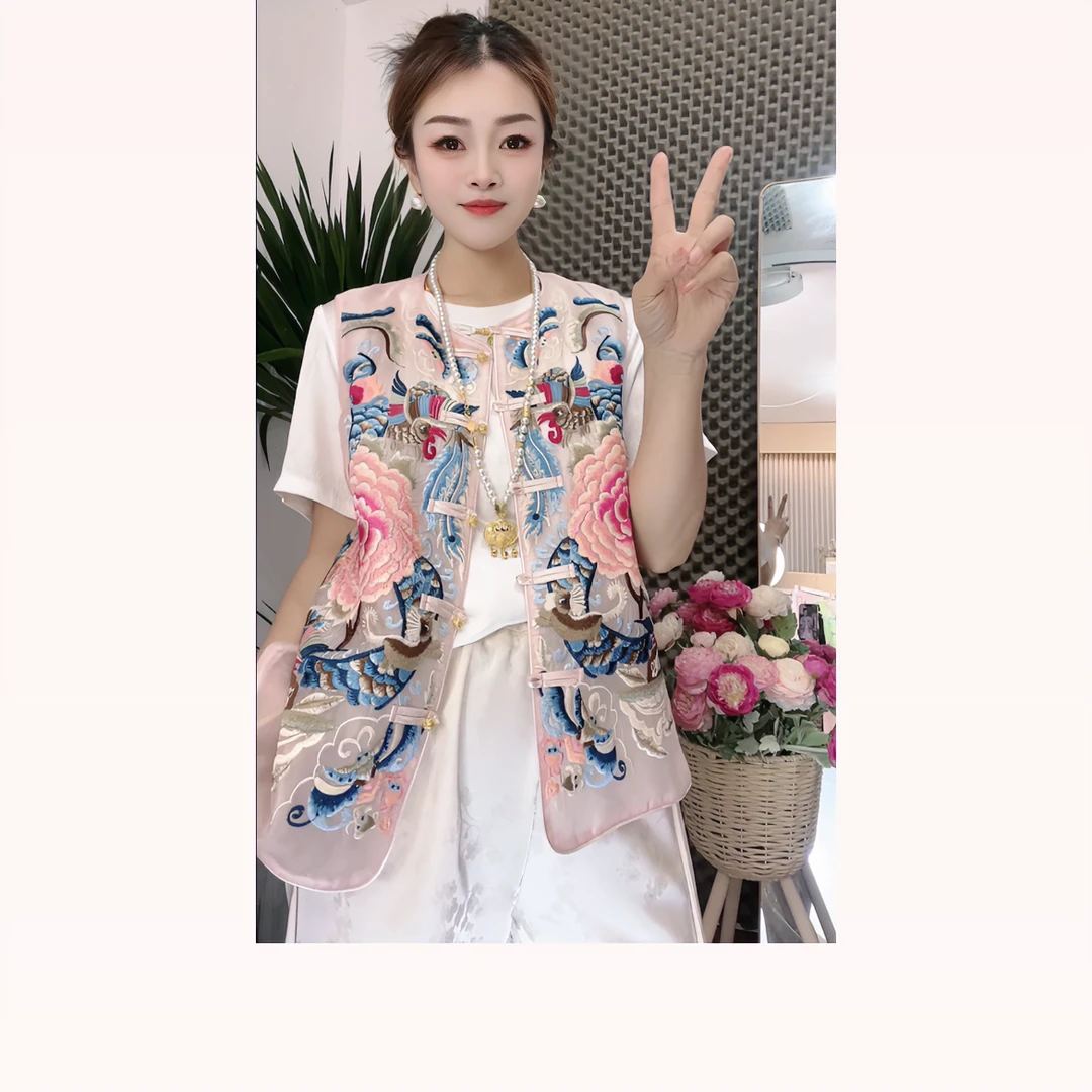 【苏绣琉影】花开富贵刺绣中式马甲上衣女国风盘扣粉色坎肩春夏款