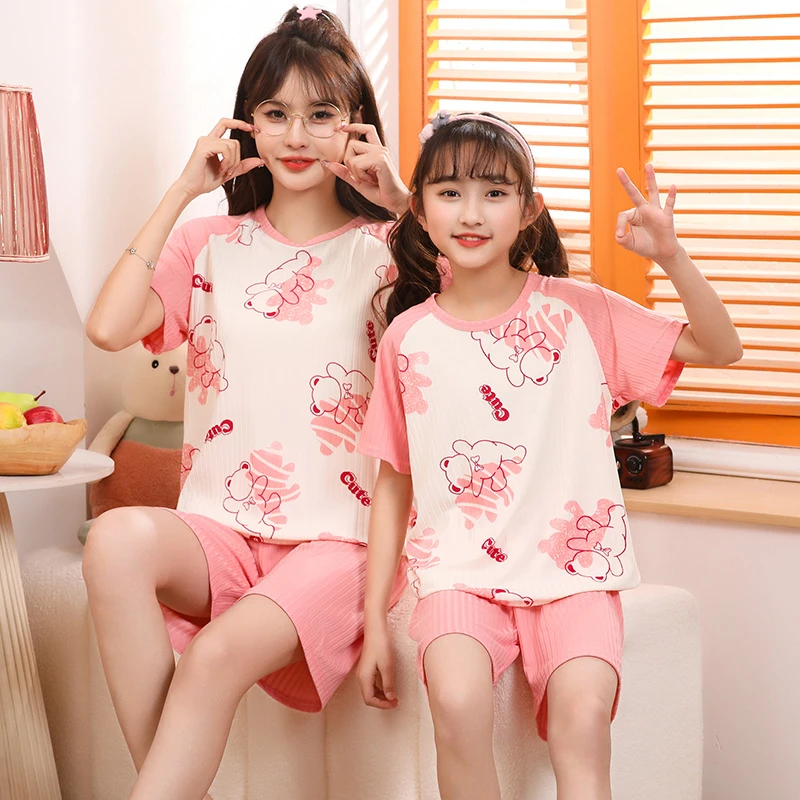 夏季亲子款睡衣中大童冰丝短袖短裤家居服儿童款睡衣女童夏季睡衣
