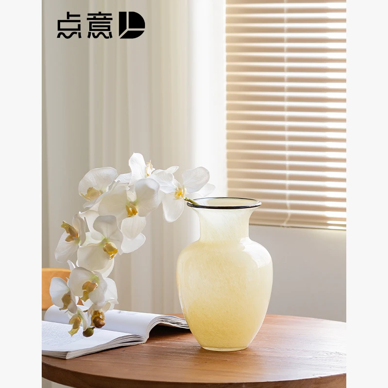奶油风琉璃敞口大肚花瓶渐变格调感拼色法式黄色复古餐桌玉质厚重