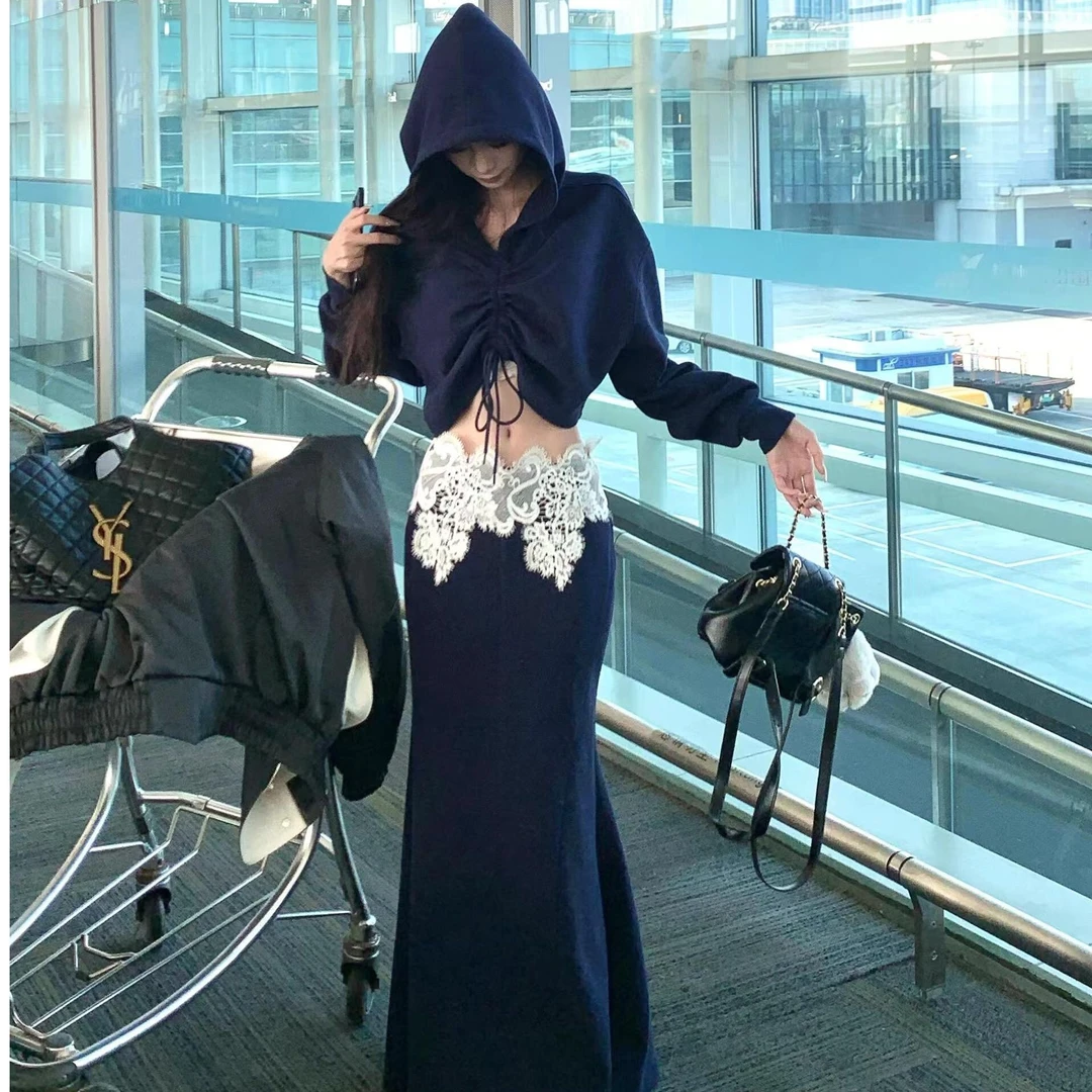 辣妹休闲套装裙女秋冬抽绳短款卫衣外套韩系穿搭蕾丝半身裙两件套