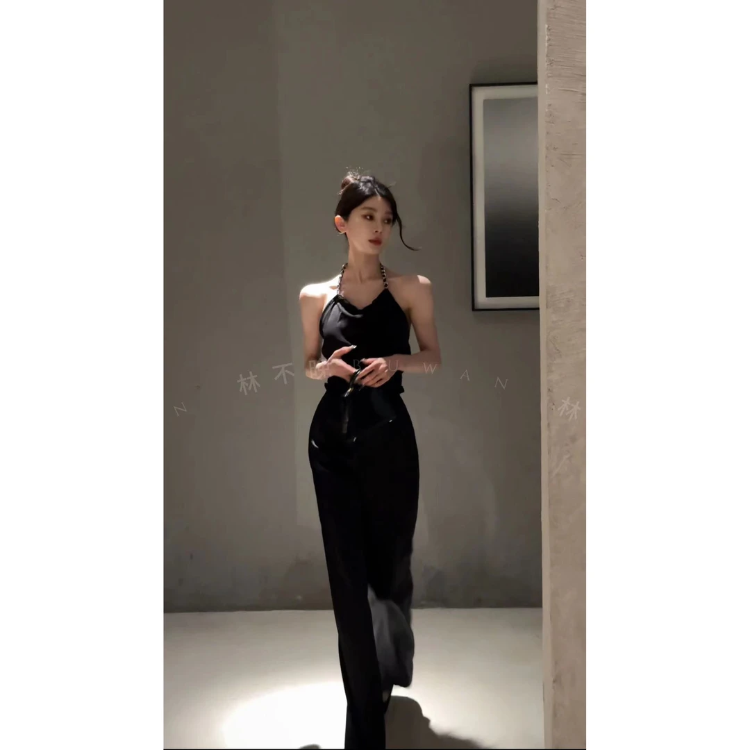挂脖缎面吊带背心女＋哑光缎面高腰直筒垂直休闲薄款裤子
