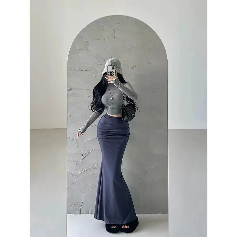 卡戴珊性感高腰显灰色上衣瘦褶皱修身弹力包臀鱼尾裙两件套