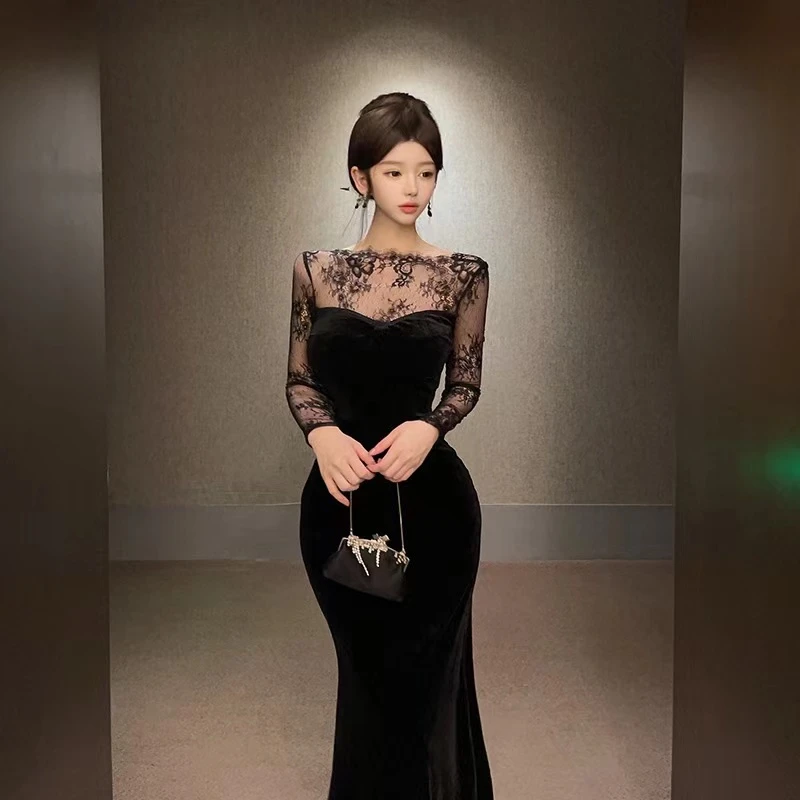 春季新款法式纯欲蕾丝拼接丝绒长袖连衣裙露背礼服鱼尾长裙