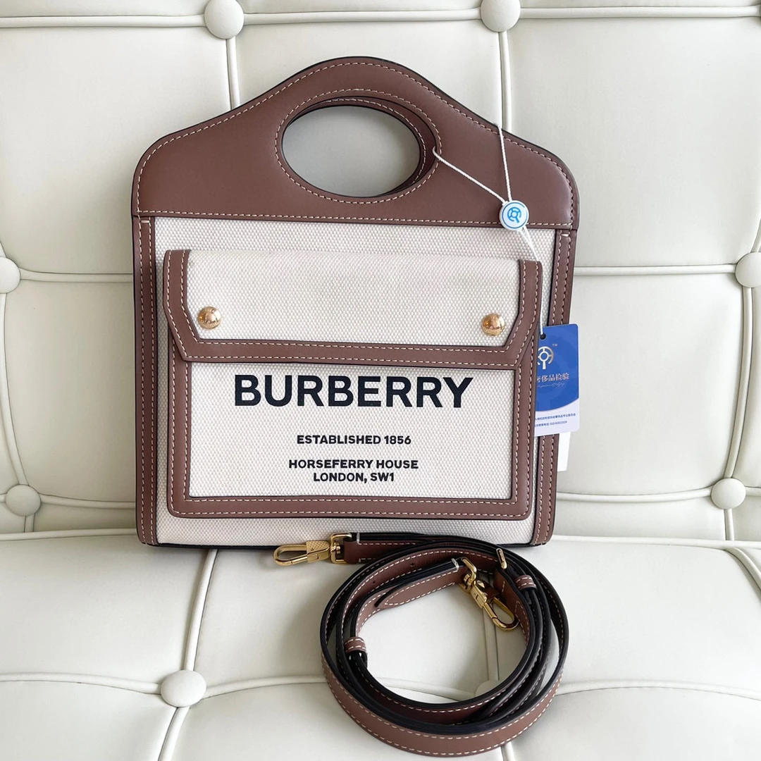 95新 BURBERRY/博柏利 116405 巴宝莉帆布拼接棕色邮差包 手提包