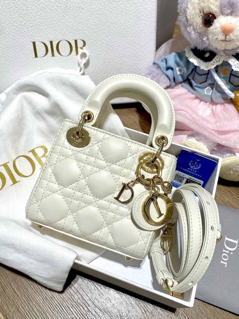 99新 DIOR/迪奥 117238 迪奥三格白色戴妃mini斜挎包