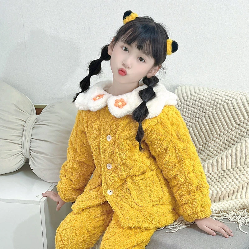 冬儿童三层夹棉加厚睡衣长毛绒亲子套装女孩女中大童珊瑚绒家居服