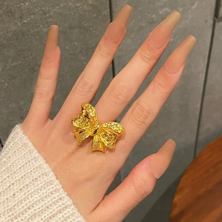 OULLEN 钛钢戒指 在逃公主蝴蝶结戒指超仙气质可调节指环不掉色