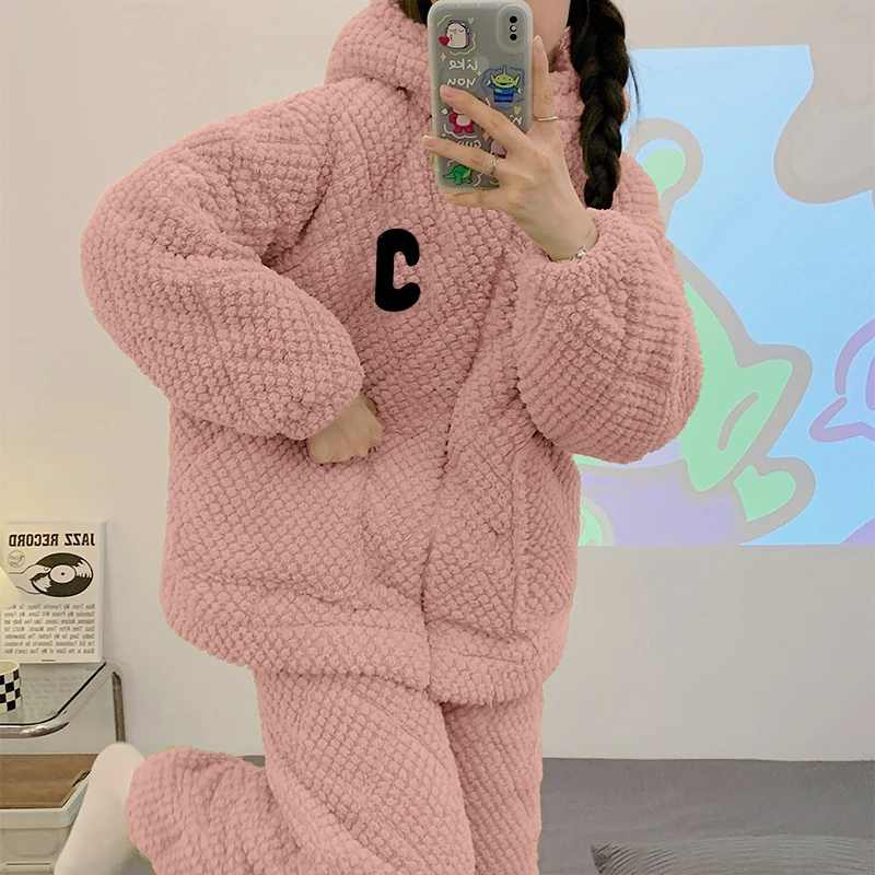 冬季三层夹棉珊瑚绒睡衣女新款加厚加绒法兰绒家居服套装可外穿JX