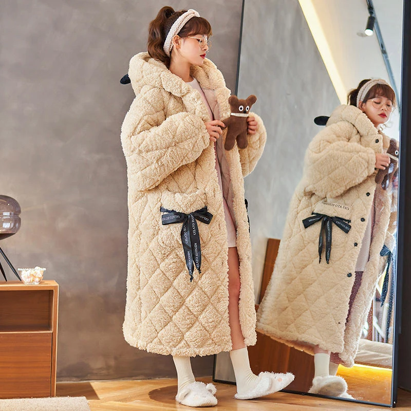 冬季三层夹棉珊瑚绒睡袍睡衣女加厚加绒法兰绒家居服套装可外穿JX