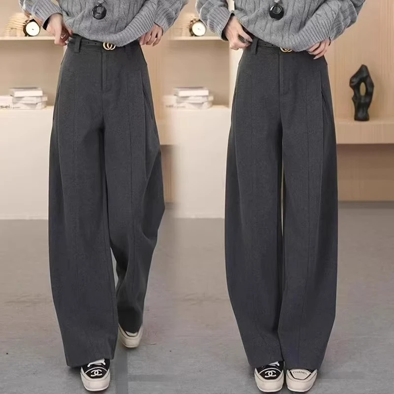 加厚毛呢香蕉阔腿裤女2024秋冬季新款高腰显瘦保暖休闲裤子弯刀裤