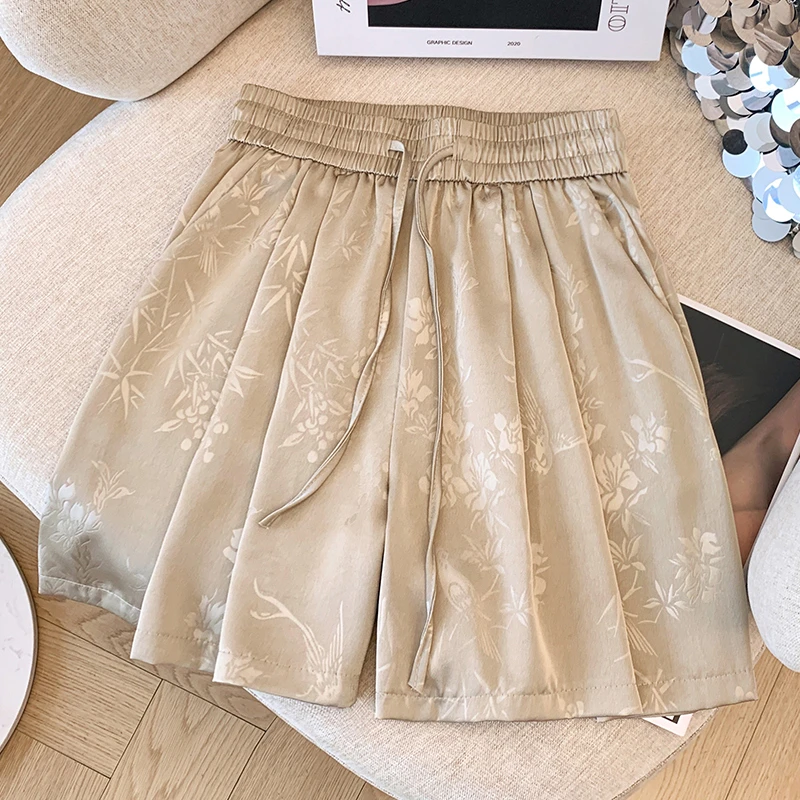 冰丝醋酸休闲短裤四分裤女2024夏季薄款高腰显瘦小个子印花阔腿裤