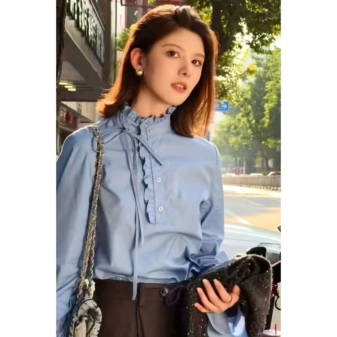 法式高级感花边领长袖蓝色衬衫女春季新款洋气减龄百搭打底衫上衣