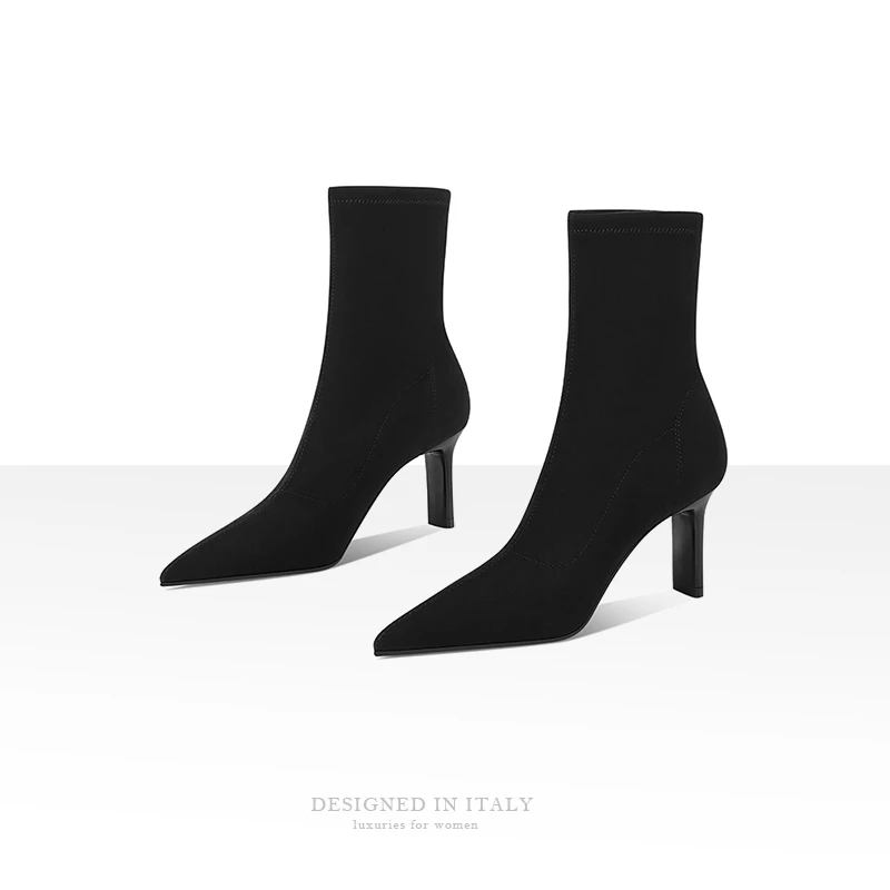 【跟高7cm】2024年秋冬新款弹力瘦瘦靴尖头细跟高跟短靴简约气质女