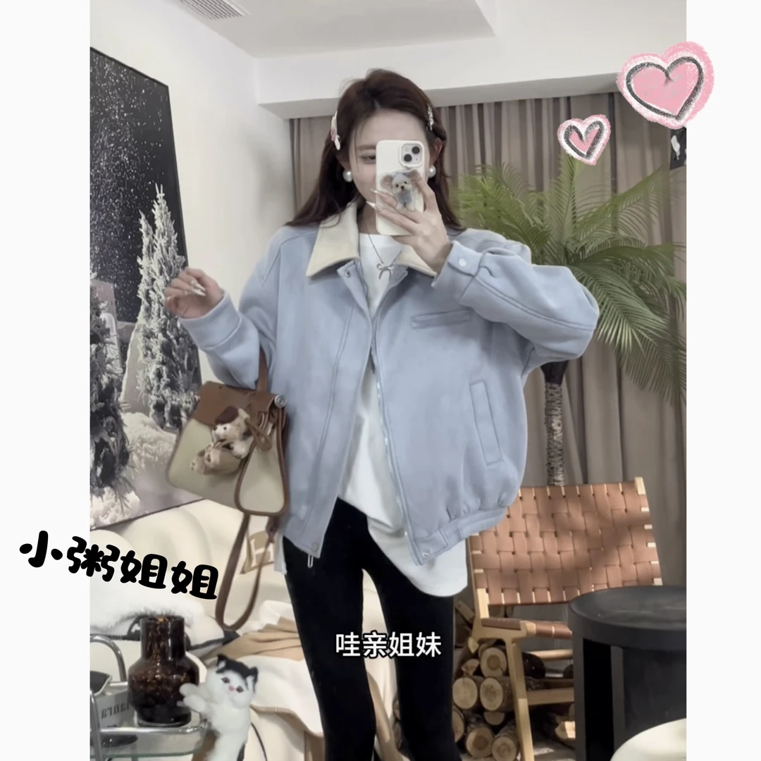 【XZ006】【原版面料】baby蓝色磨毛撞色翻领防风宽松外套拉链上衣