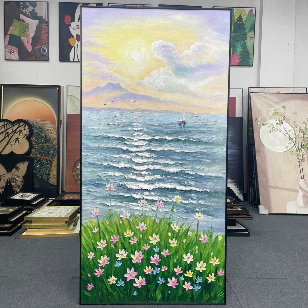 手绘油画入户玄关现代简约走廊过道轻奢风景帆船客厅挂画8160