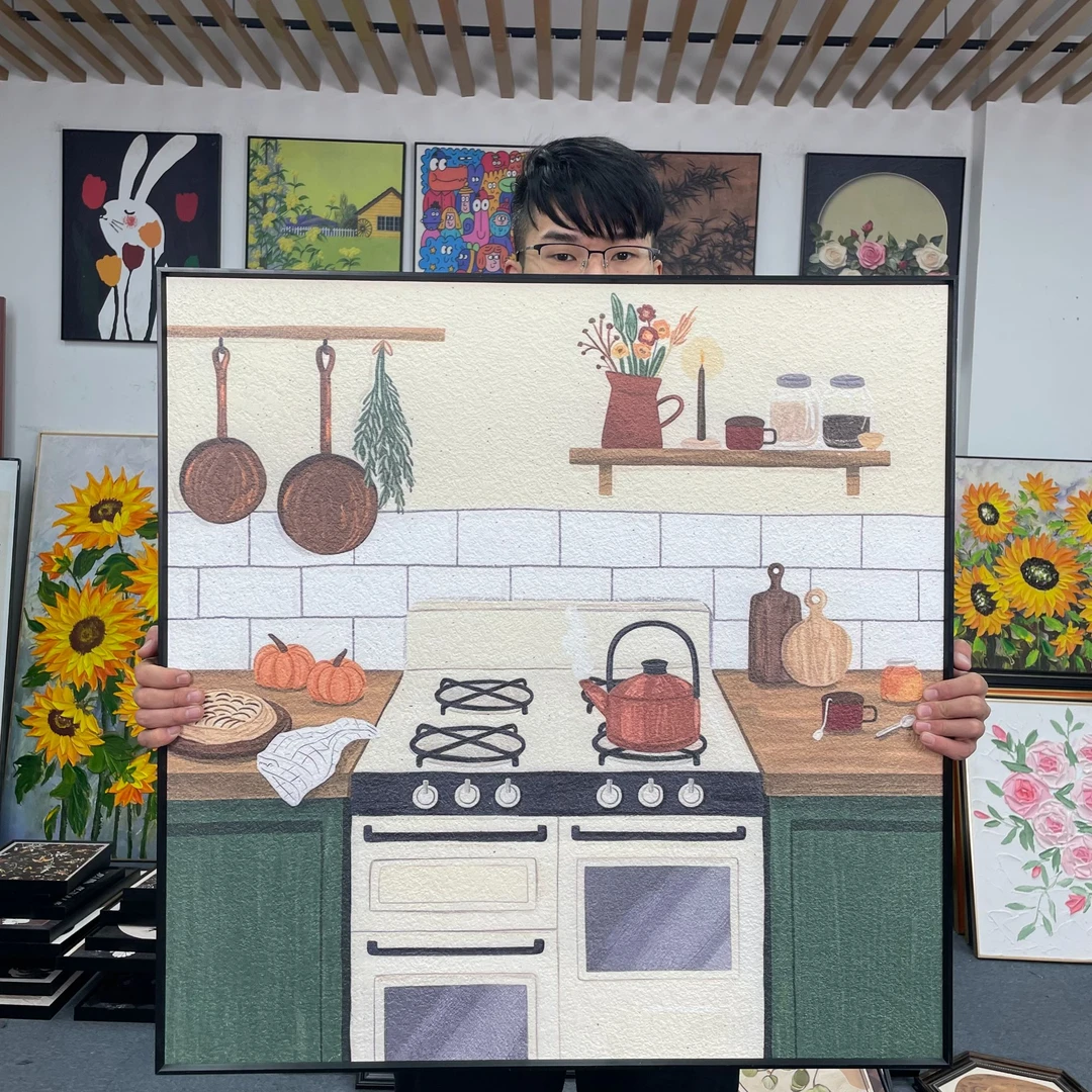 复古美式餐厅多巴胺艺术小众高级感客厅装饰画沙发背景墙挂画8080