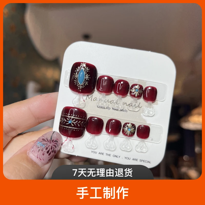 076蝈蝈手工穿戴甲夏日脚部美甲 手绘花10片装