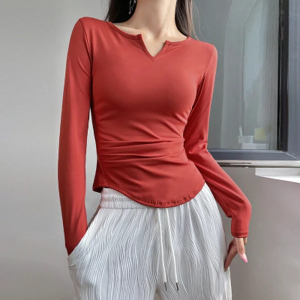 2 1225长袖V领显瘦瑜伽服个性紧身长袖训练t恤透气速干运动上衣