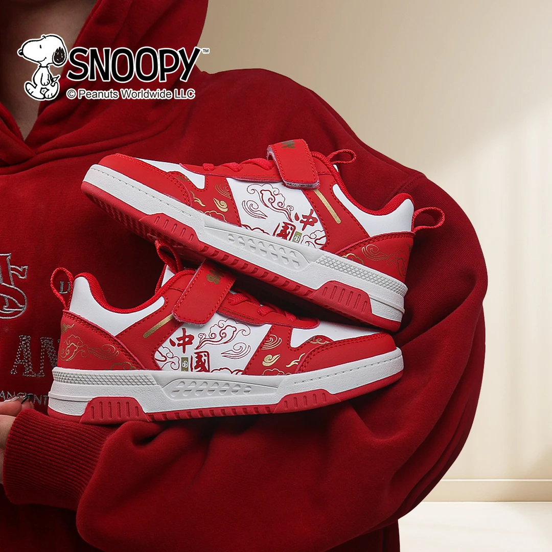 史努比儿童运动鞋男童国潮童鞋2024新款秋冬皮面休闲女童红色鞋子