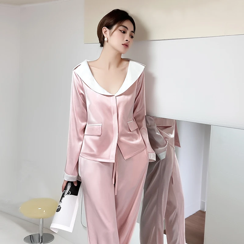 高档女士家居服春秋季睡衣仿真丝可外穿长袖长裤粉色套装夏薄款