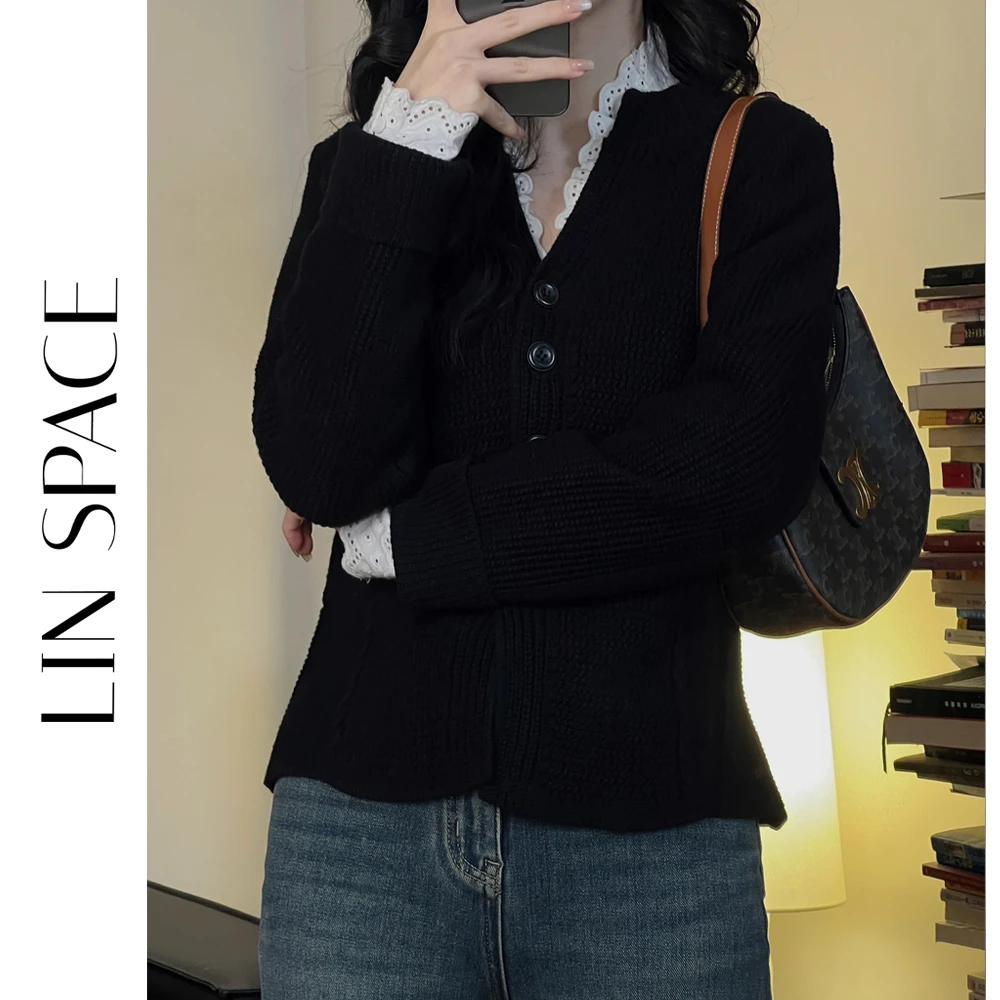 陈陈琳呀【华夫格】V领长袖针织衫女秋冬毛衣