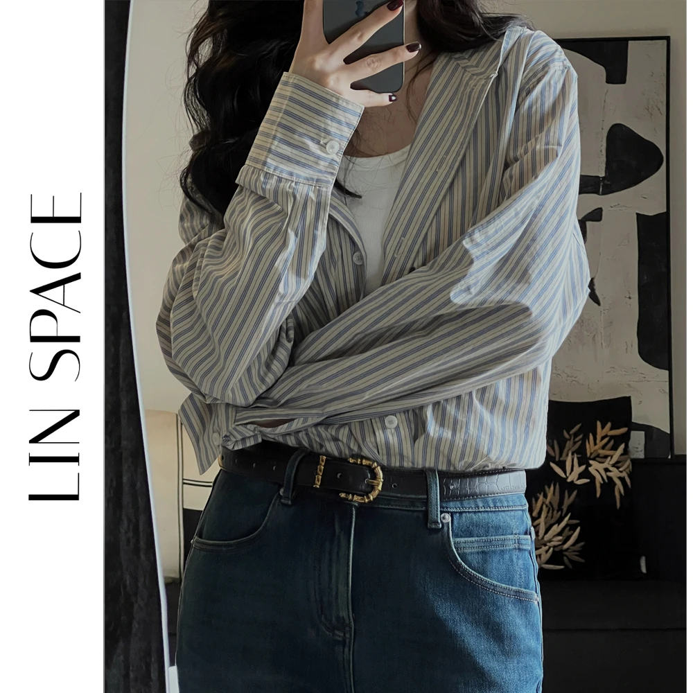 陈陈琳呀/连帽衬衫女长袖小众条纹设计感上衣宽松休闲衬衣