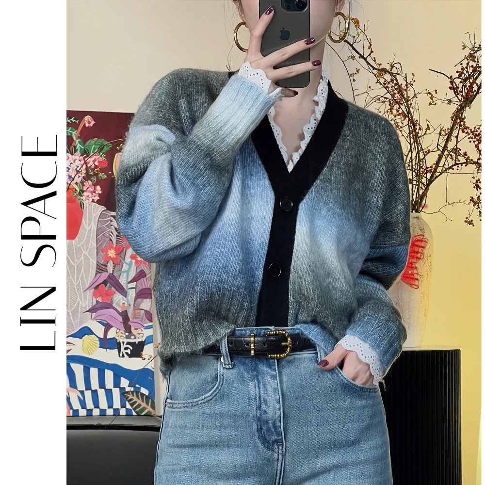 陈陈琳呀【渐变】清~渐变色开衫V领长袖短款气质针织衫