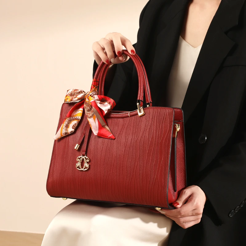 头层牛皮红色大气中年妈妈包女结婚包礼物高级感手提包通勤斜挎包