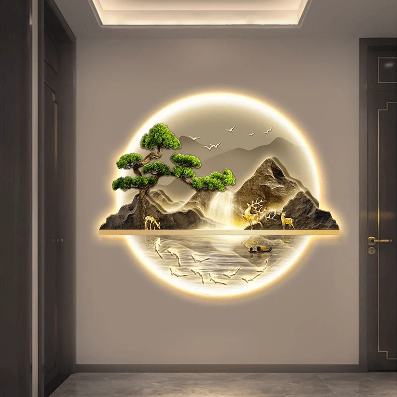 中式入户玄关装饰画轻奢流水生财茶室带灯走廊过道挂画迎客松壁画