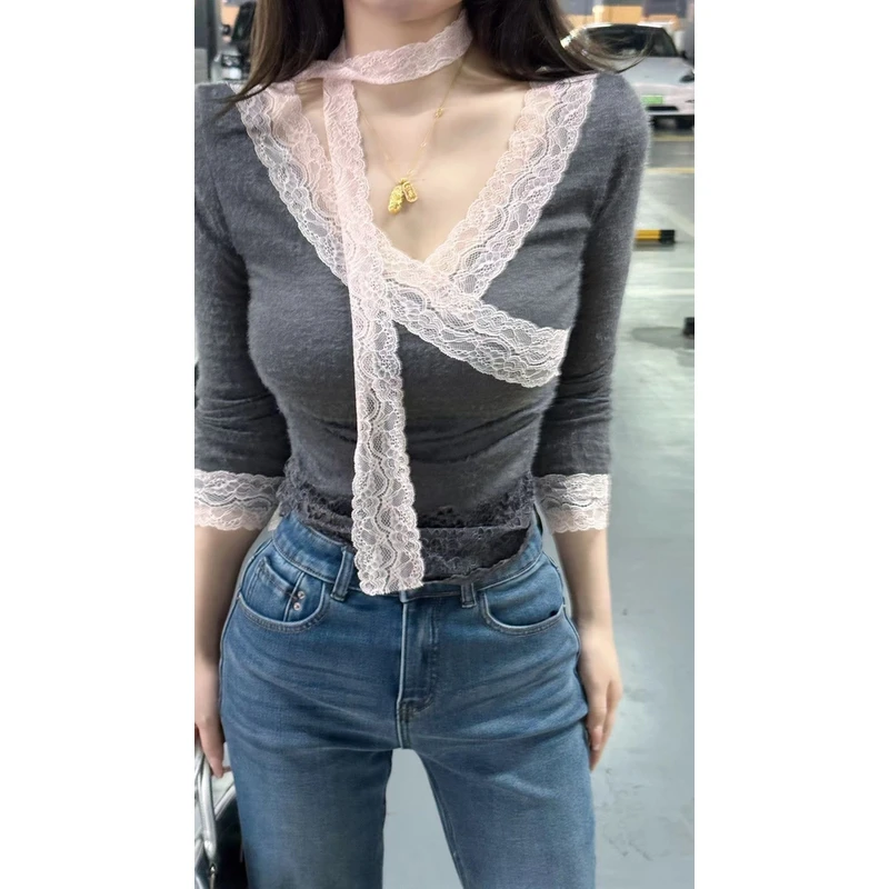 媛媛【茶里茶气】蕾丝气质纯欲修身上衣打底t恤#D0701