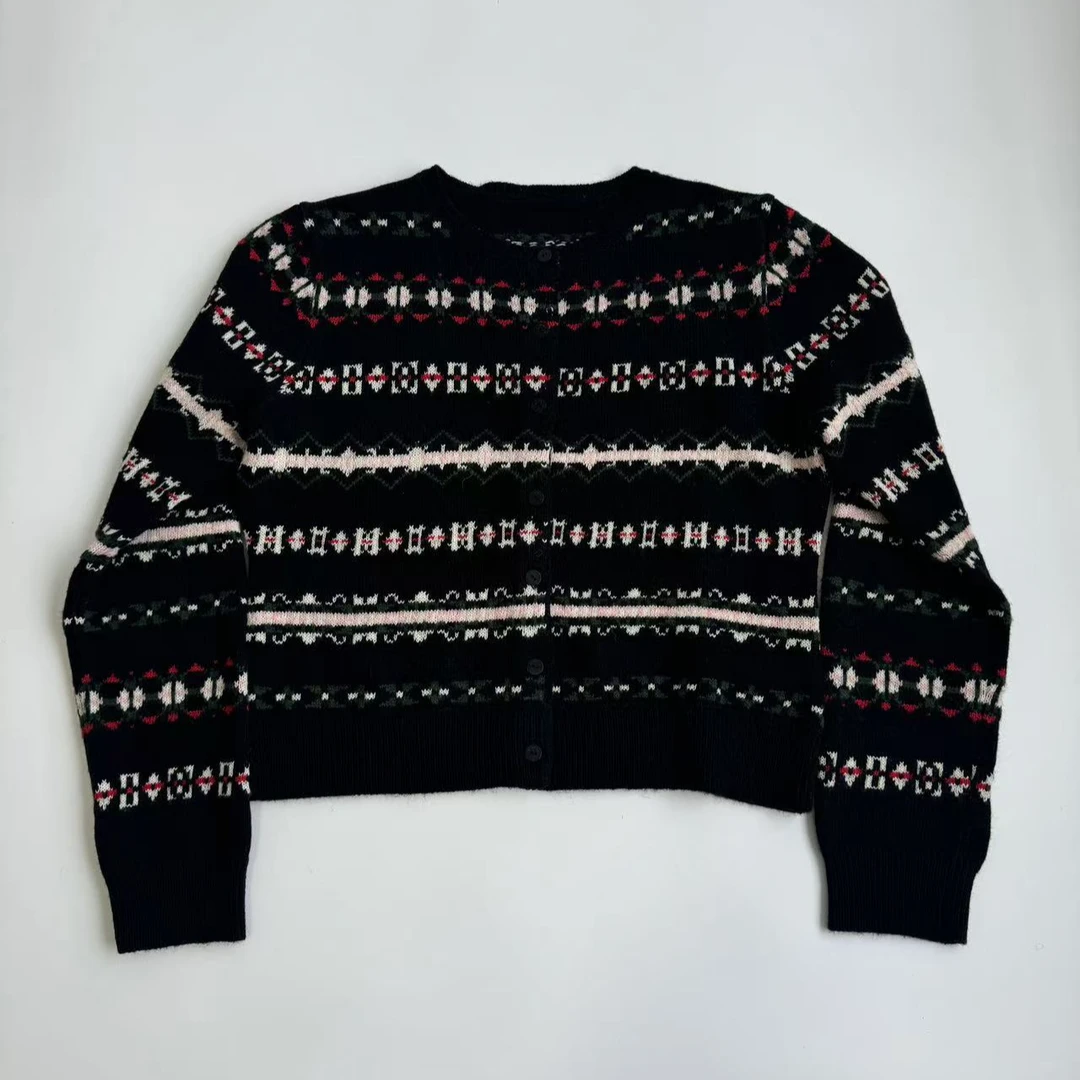 美式费尔岛毛衣圆领开衫外套女