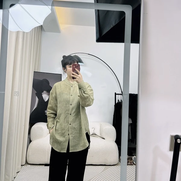 早春新款 休闲百搭防晒法式亚麻小立领衬衫女衬衣