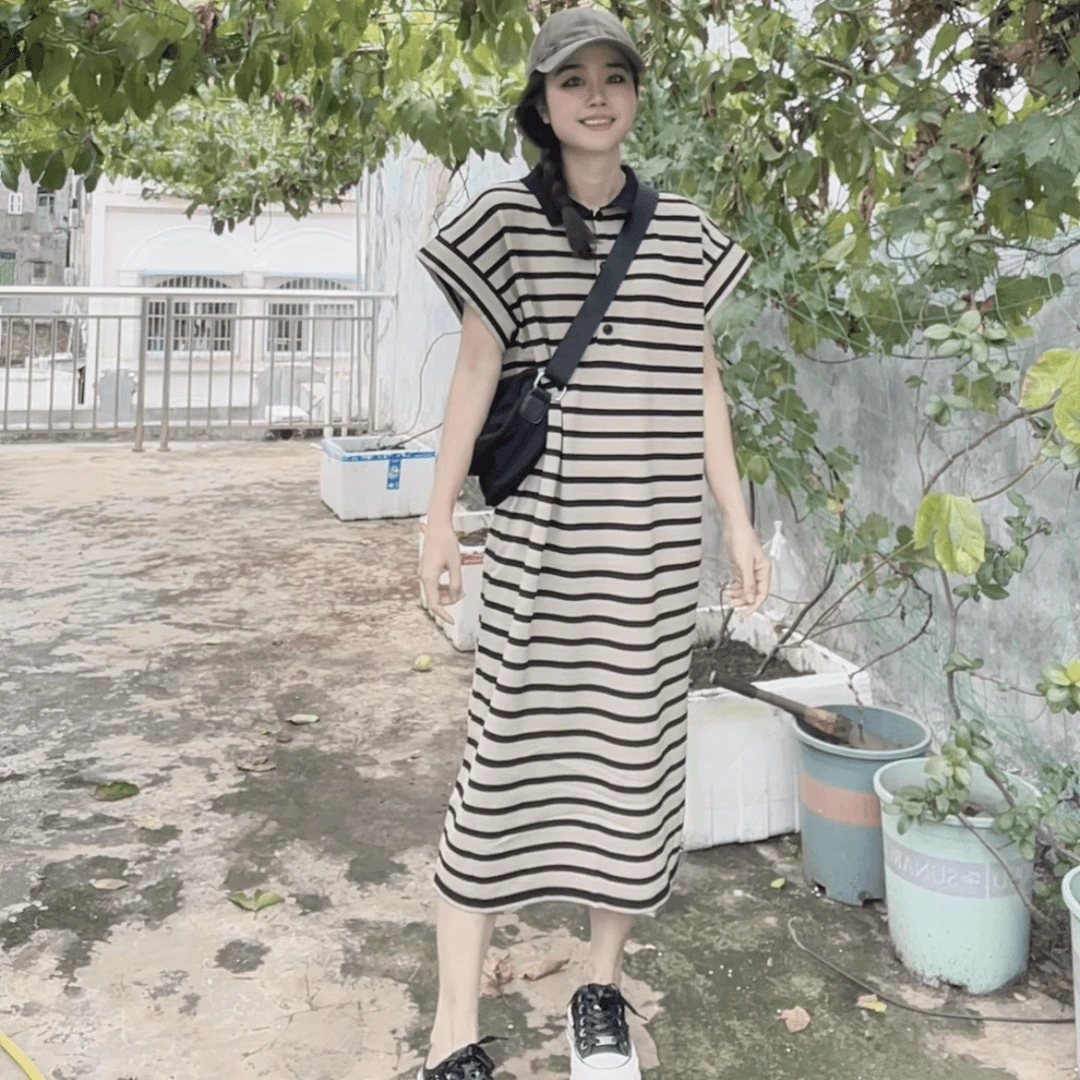 3111秋季新款翻领显瘦长款条纹针织连衣裙