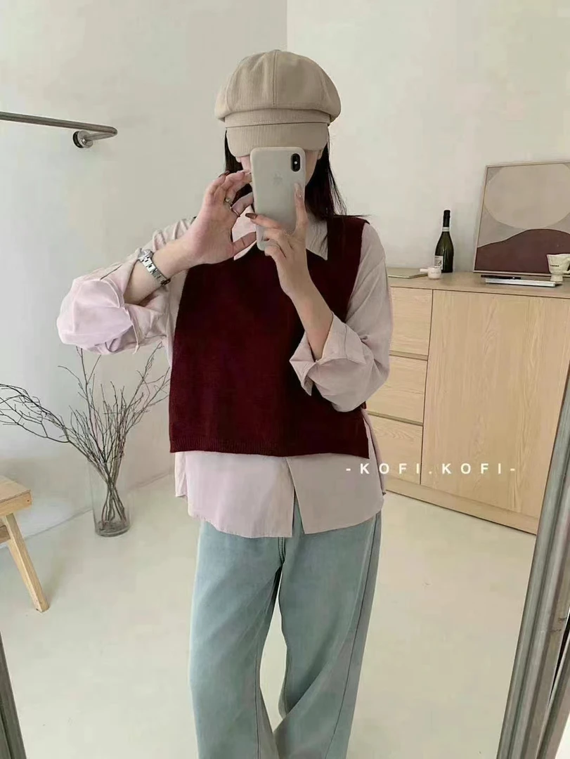 5239新款时尚百搭针织+衬衫两件套