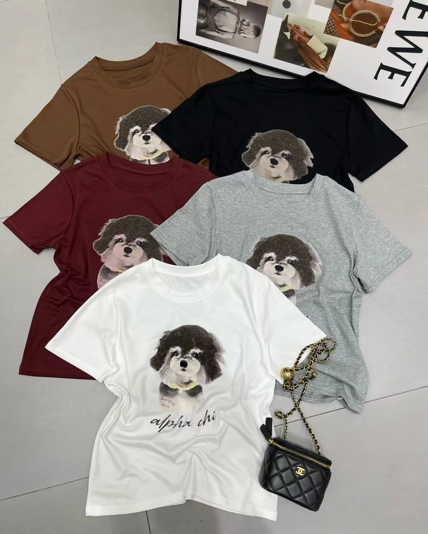 3011新款时尚舒适M家印花狗狗图案休闲T恤