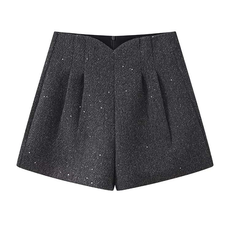 245560星空花苞短裤高级感小香亮片黑色短裤冬高腰a字裤休闲靴裤