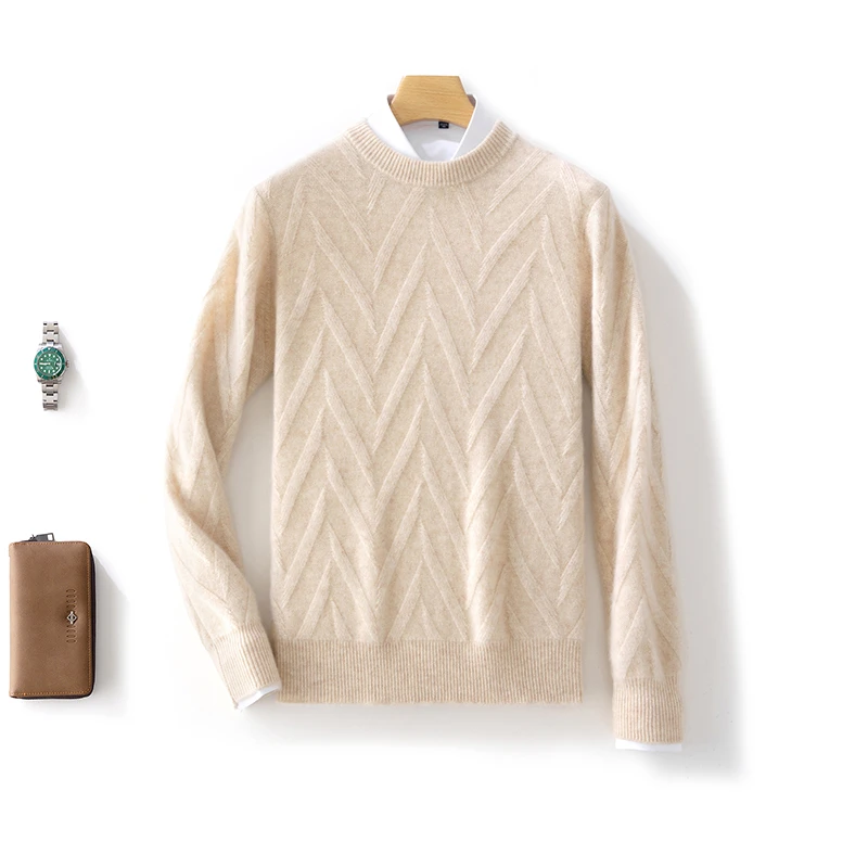 设计感人字纹绞花！秋冬新款男士加厚圆领羊绒衫