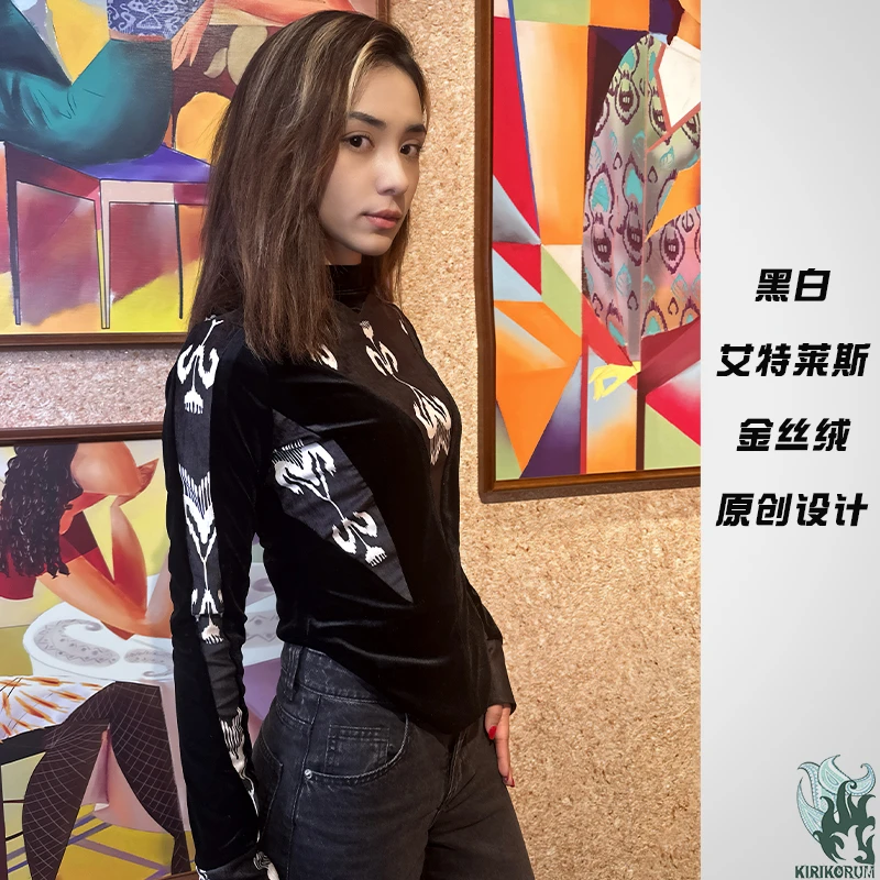 新款黑白艾特莱斯女款上衣拼接金丝绒原创设计上档次气质时尚百搭