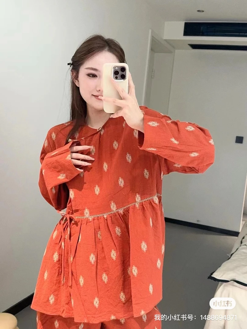 朵朵可可睡衣女2024新款春秋季纯棉新中式风印花长袖裤家居服套装