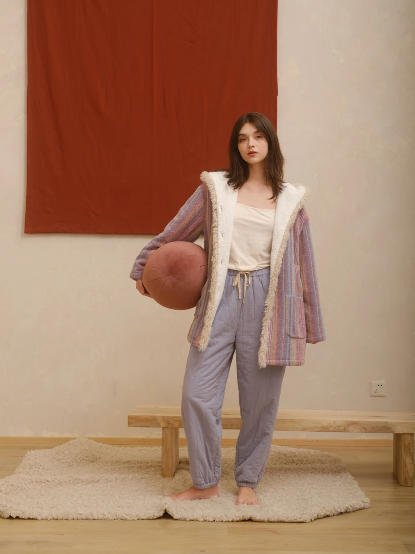 朵朵可可加绒加厚睡衣女2024冬季新款连帽条纹保暖休闲家居服套装
