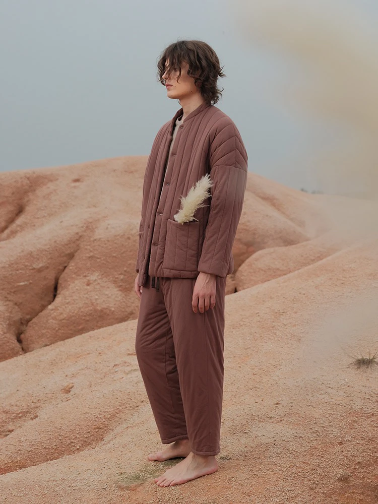 朵朵可可睡衣男2023秋冬新款圆领竖条夹棉加厚简约纯色家居服套装