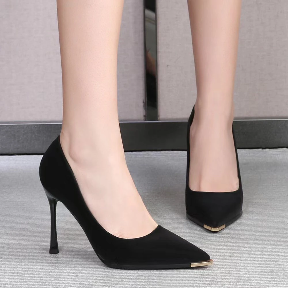 爆款时尚春秋百搭黑色细跟尖头气质性感春季浅口高跟鞋防踢头单鞋